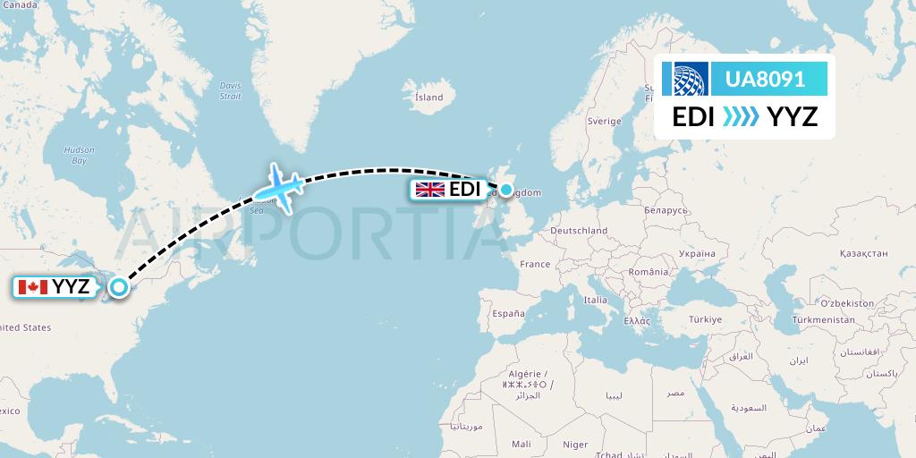 UA8091 United Airlines Flight Map: Edinburgh to Toronto