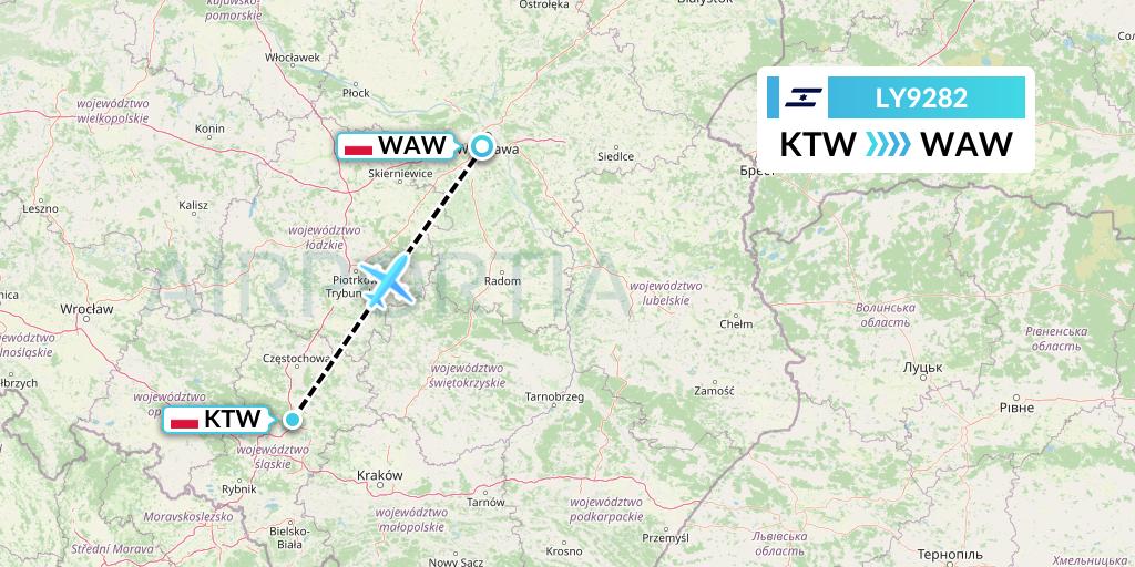 LY9282 El Al Flight Map: Katowice to Warsaw