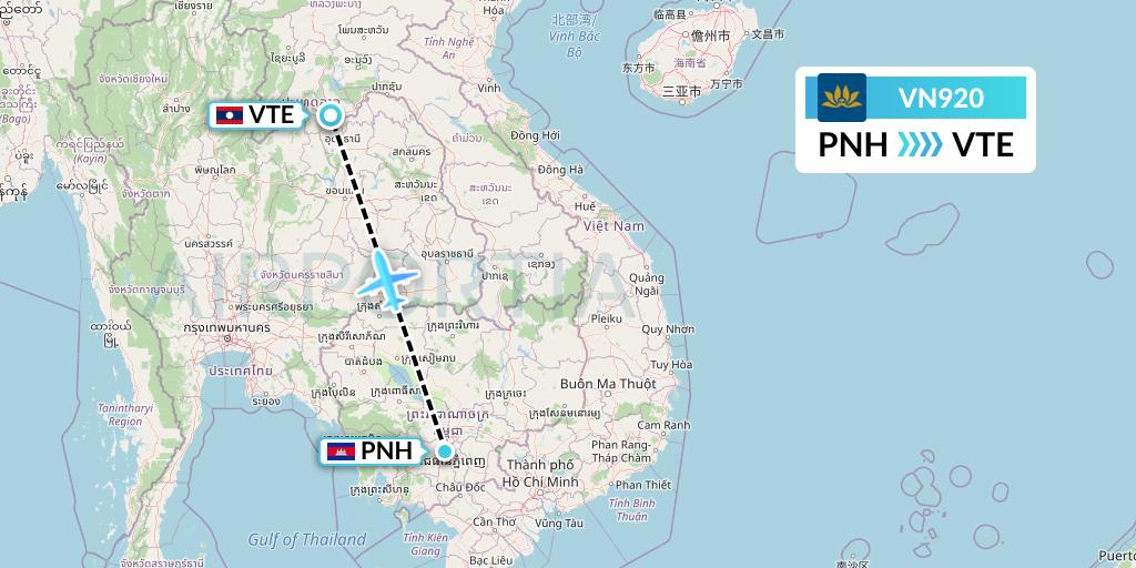 VN920 Vietnam Airlines Flight Map: Phnom Penh to Vientiane
