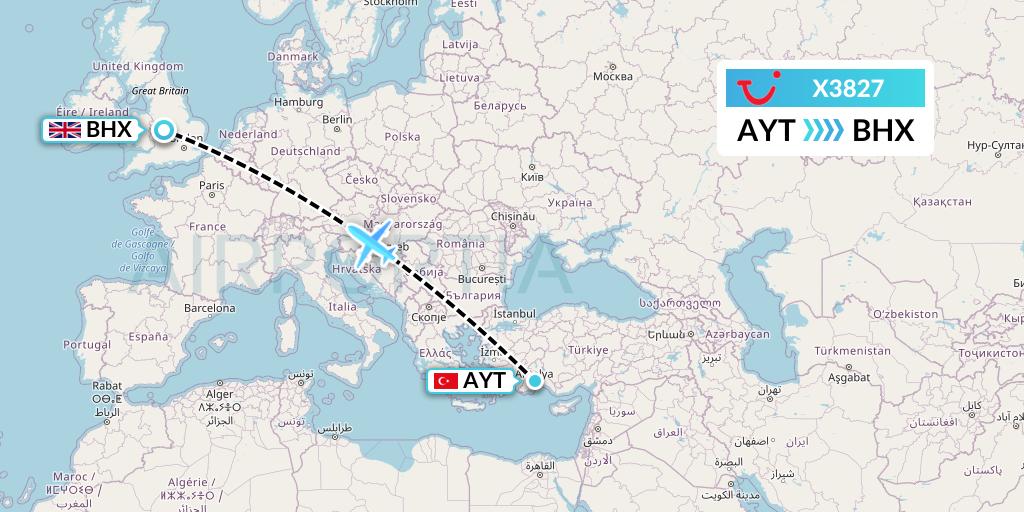 X3827 TUI fly Germany Flight Map: Antalya to Birmingham
