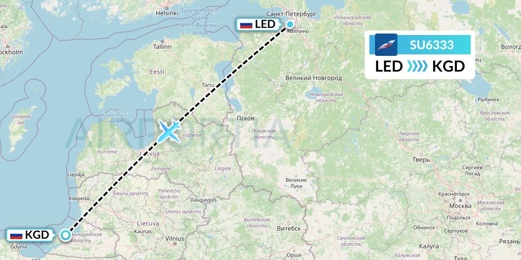 SU6333 Aeroflot Flight Map: St. Petersburg to Kaliningrad