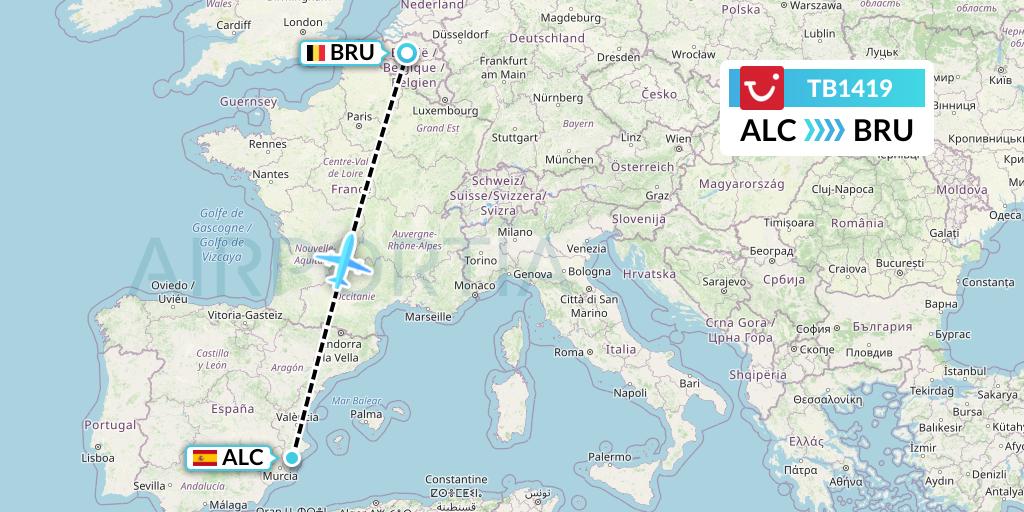 TB1419 TUI fly Belgium Flight Map: Alicante to Brussels