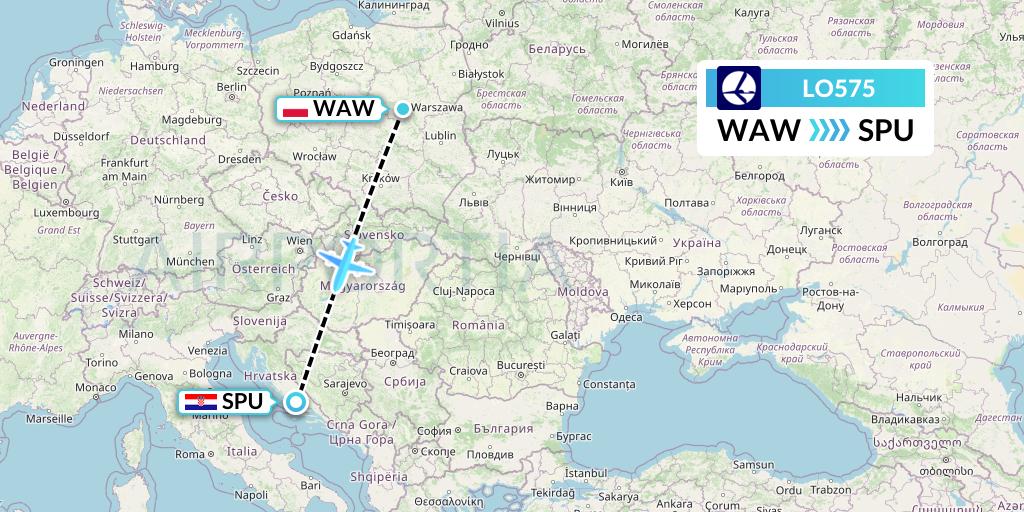 LO575 LOT Flight Map: Warsaw to Split