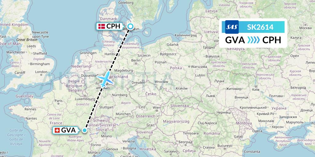 SK2614 SAS Flight Map: Geneva to Copenhagen