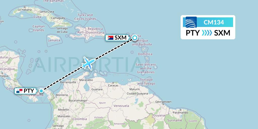 CM134 Copa Airlines Flight Map: Panama City to Sint Maarten