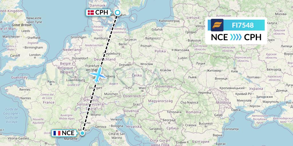 FI7548 Icelandair Flight Map: Nice to Copenhagen