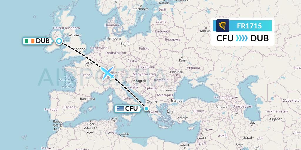 FR1715 Ryanair Flight Map: Corfu to Dublin