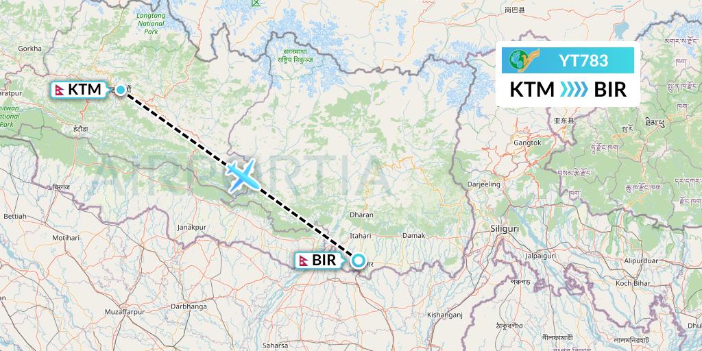 YT783 Yeti Airlines Flight Map: Kathmandu to Biratnagar