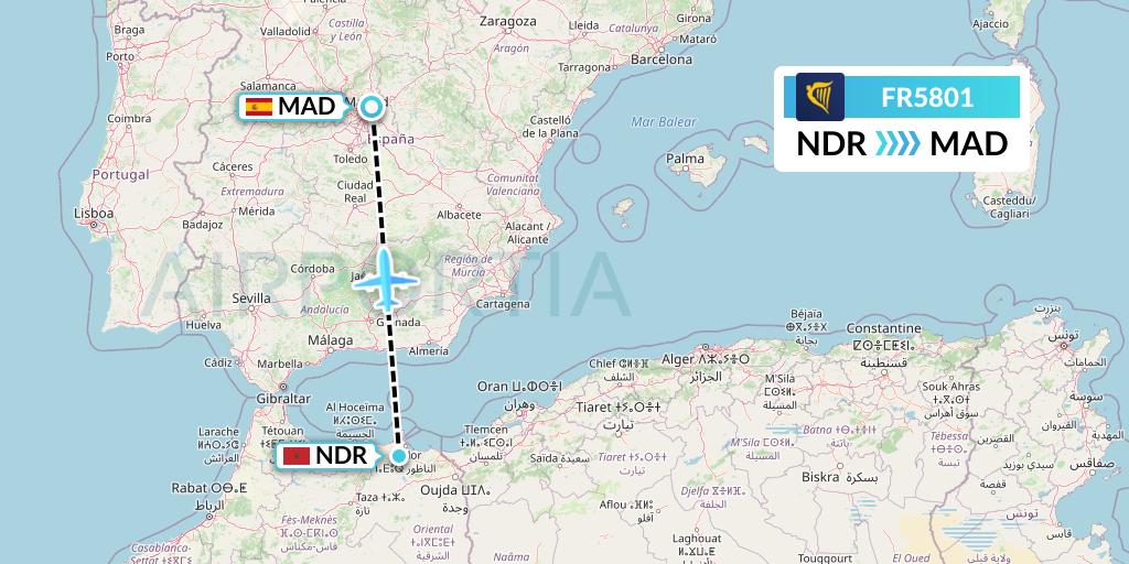 FR5801 Ryanair Flight Map: Nador to Madrid