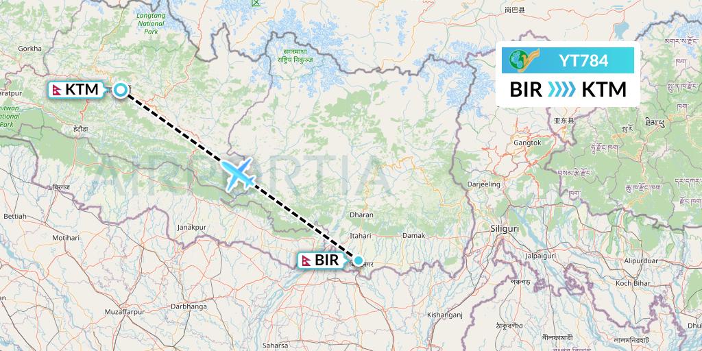 YT784 Yeti Airlines Flight Map: Biratnagar to Kathmandu