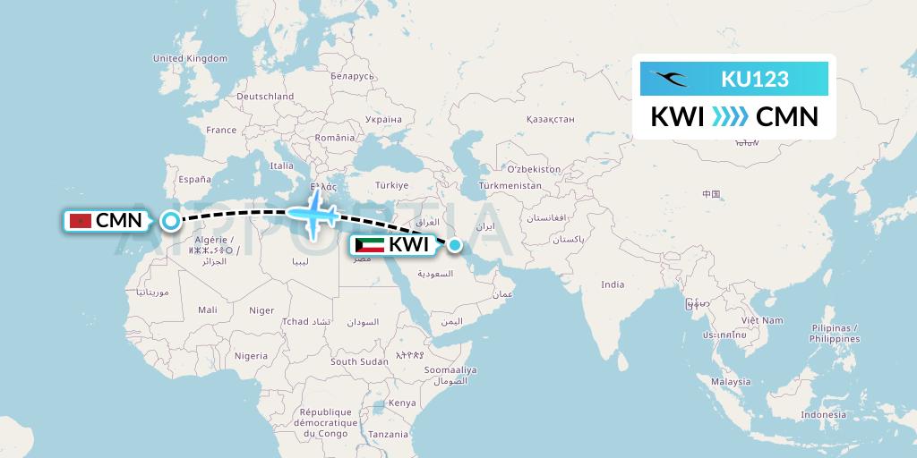 KU123 Kuwait Airways Flight Map: Kuwait City to Casablanca