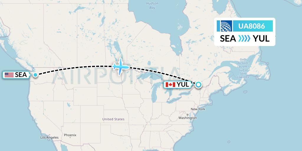 UA8086 United Airlines Flight Map: Seattle to Montreal