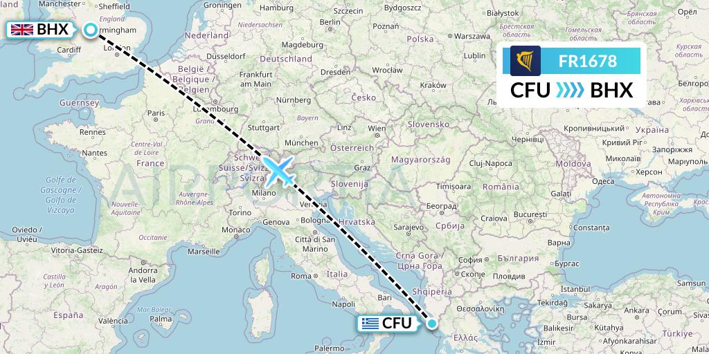 FR1678 Ryanair Flight Map: Corfu to Birmingham