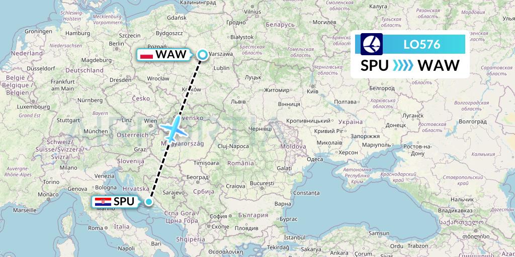 LO576 LOT Flight Map: Split to Warsaw