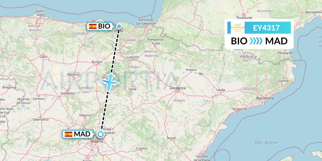 EY4317 Etihad Airways Flight Map: Bilbao to Madrid