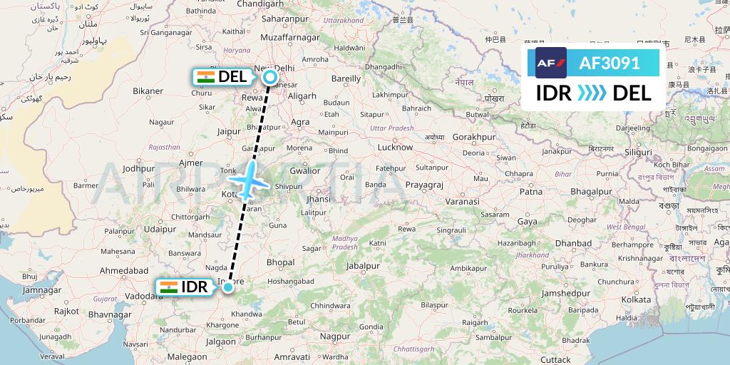 AF3091 Air France Flight Map: Indore to Delhi