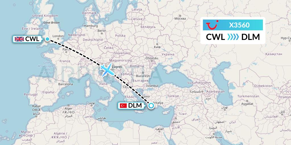 X3560 TUI fly Germany Flight Map: Cardiff to Dalaman