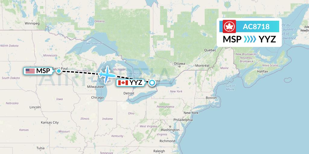 AC8718 Air Canada Flight Map: Minneapolis to Toronto