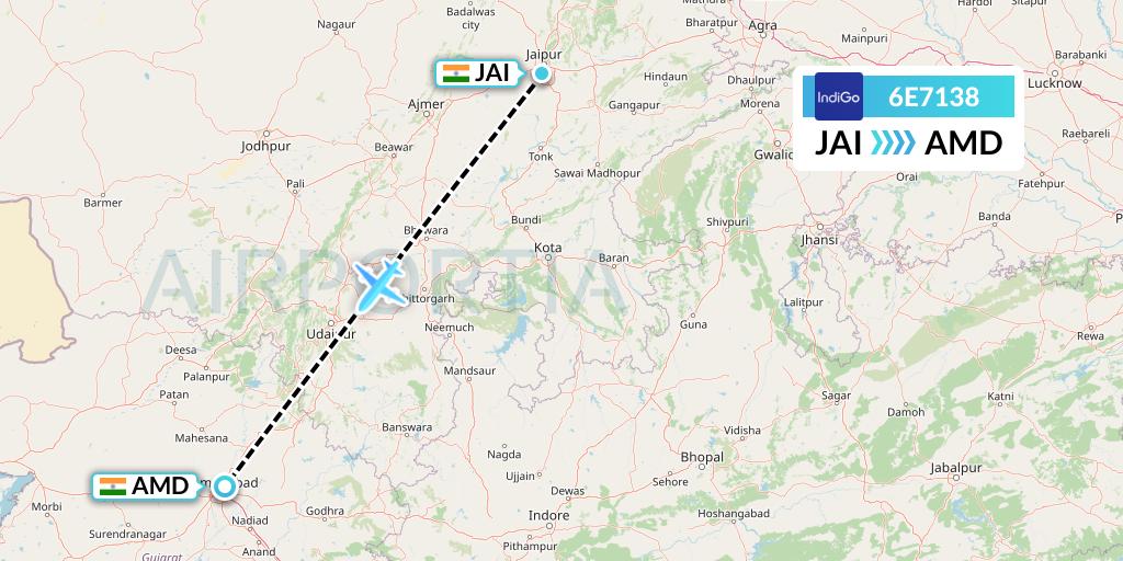 6E7138 IndiGo Airlines Flight Map: Jaipur to Ahmedabad