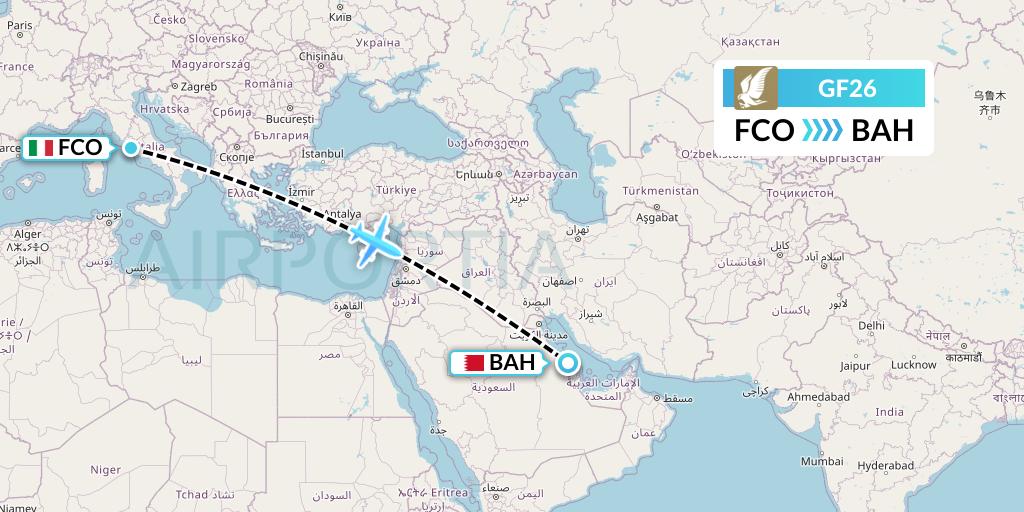 GF26 Gulf Air Flight Map: Rome to Bahrain