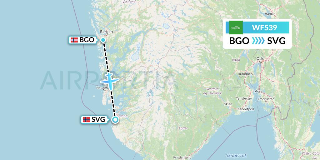 WF539 Wideroe Flight Map: Bergen to Stavanger