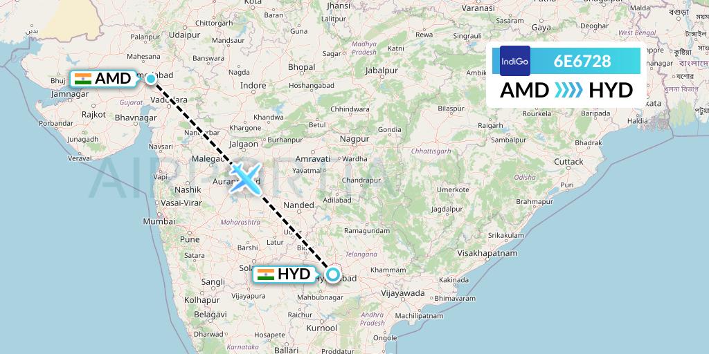 6E6728 IndiGo Airlines Flight Map: Ahmedabad to Hyderabad