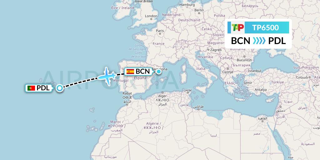 TP6500 TAP Portugal Flight Map: Barcelona to Ponta Delgada