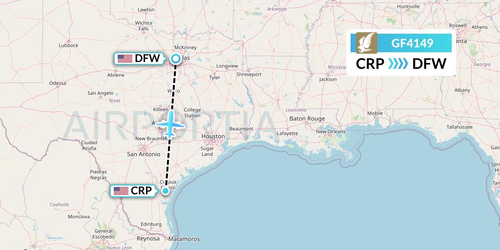 GF4149 Gulf Air Flight Map: Corpus Christi to Dallas
