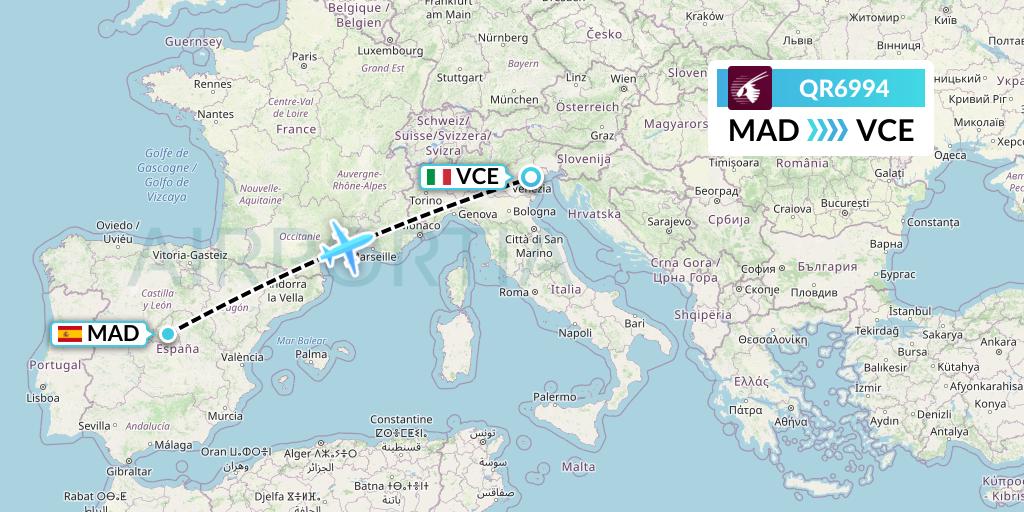 QR6994 Qatar Airways Flight Map: Madrid to Venice