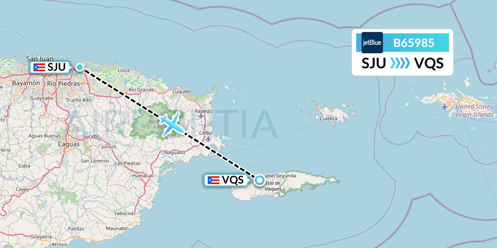 B65985 JetBlue Airways Flight Map: San Juan to Vieques