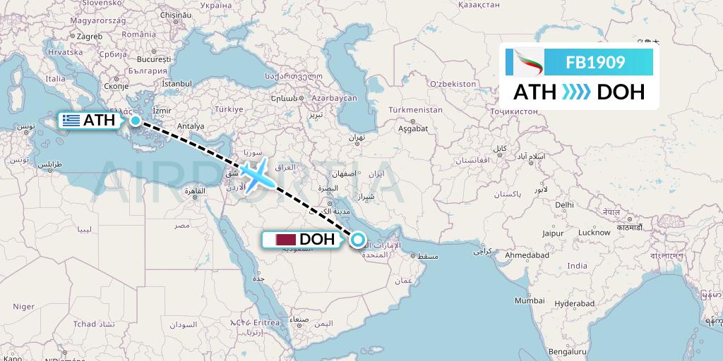 FB1909 Bulgaria Air Flight Map: Athens to Doha