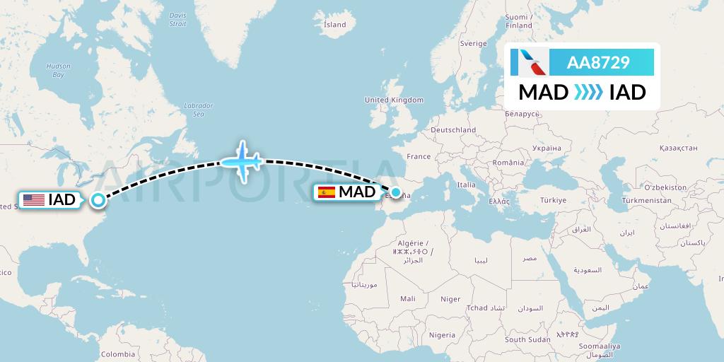 AA8729 American Airlines Flight Map: Madrid to Washington