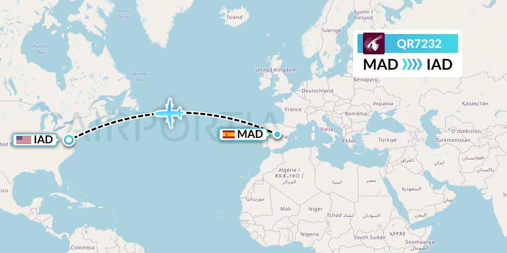 QR7232 Qatar Airways Flight Map: Madrid to Washington