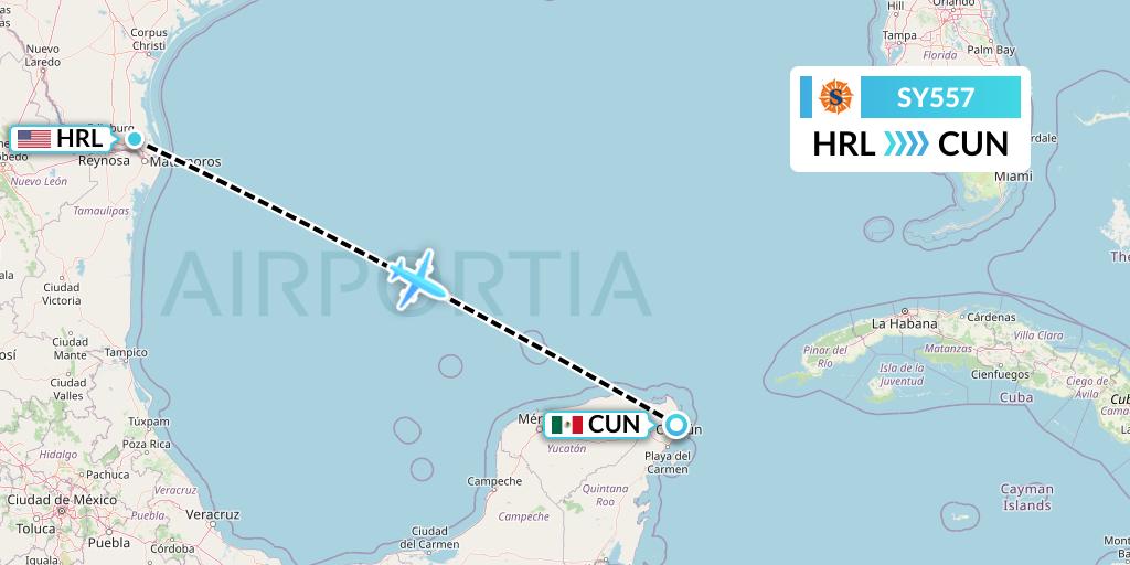 SY557 Sun Country Airlines Flight Map: Harlingen to Cancun
