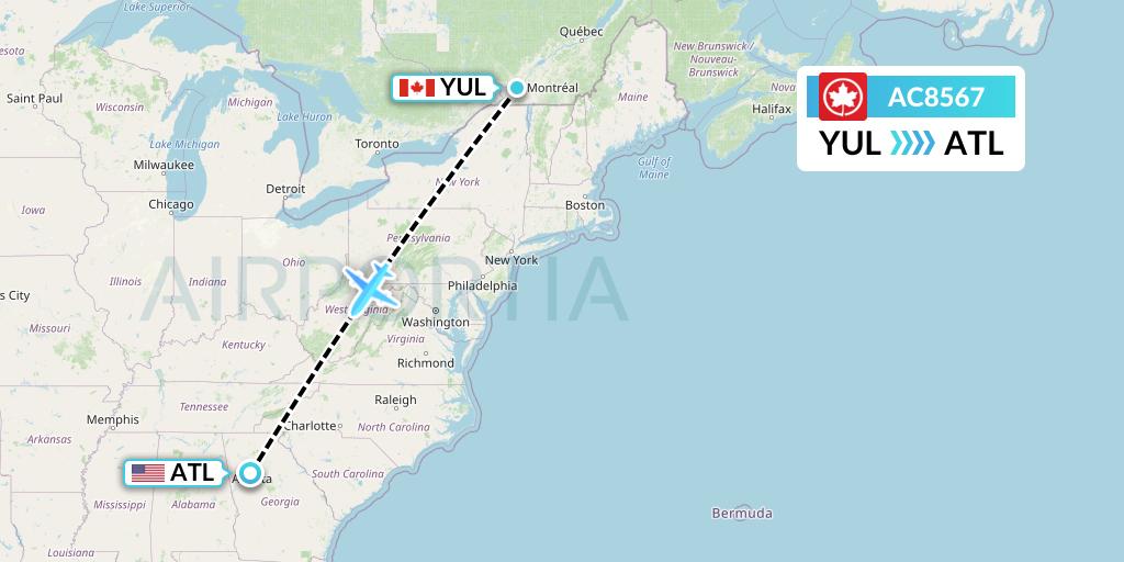 AC8567 Air Canada Flight Map: Montreal to Atlanta