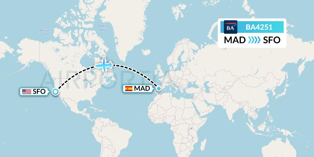 BA4251 British Airways Flight Map: Madrid to San Francisco