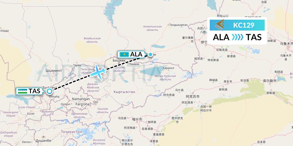KC129 Air Astana Flight Map: Almaty to Tashkent