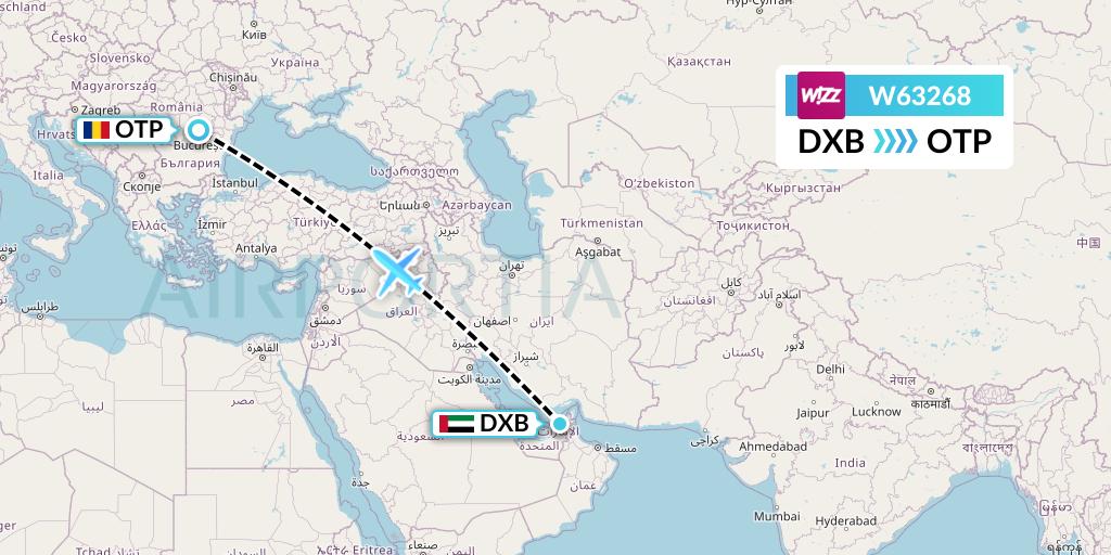 W63268 Wizz Air Flight Map: Dubai to Bucharest