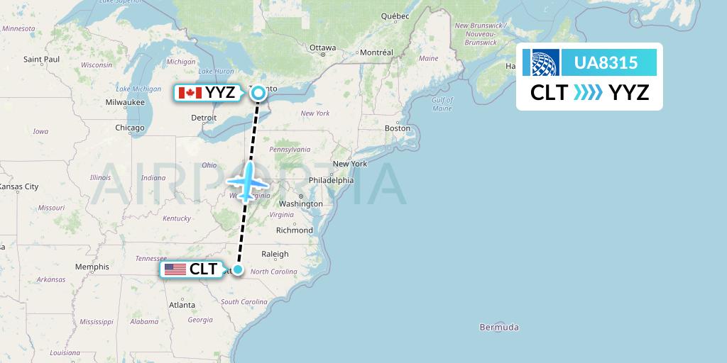 UA8315 United Airlines Flight Map: Charlotte to Toronto