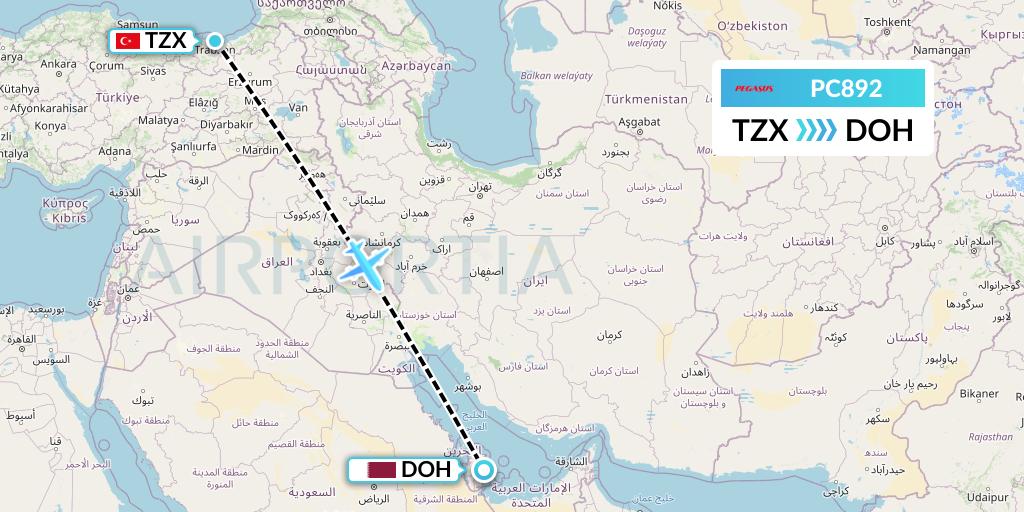 PC892 Pegasus Airlines Flight Map: Trabzon to Doha