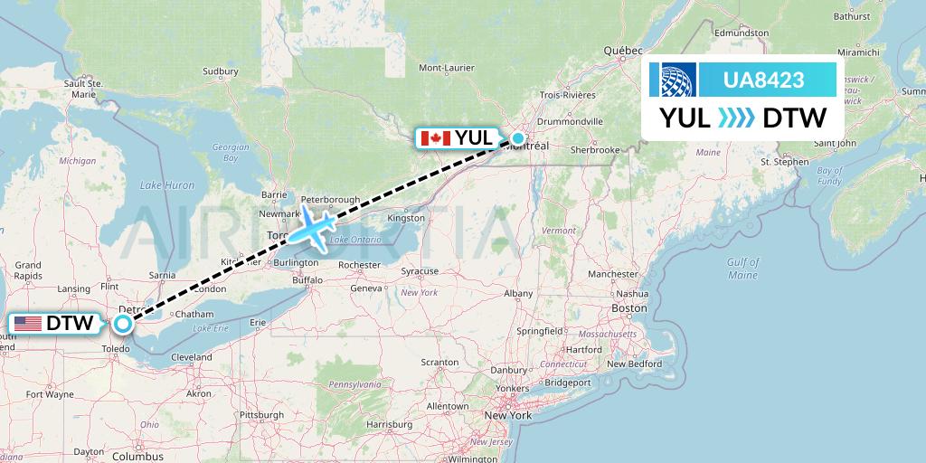 UA8423 United Airlines Flight Map: Montreal to Detroit