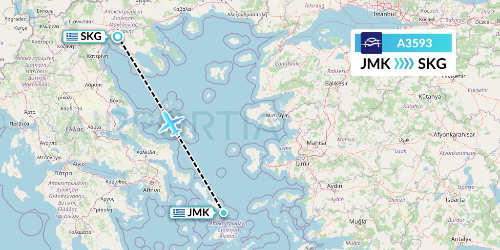 A3593 Aegean Airlines Flight Map: Mykonos to Thessaloniki