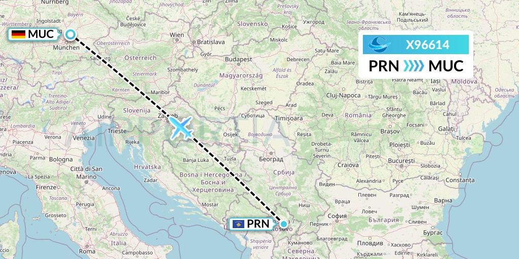 X96614 Avion Express Flight Map: Pristina to Munich