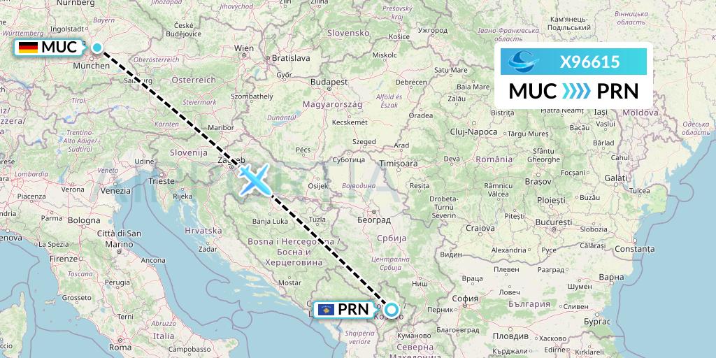 X96615 Avion Express Flight Map: Munich to Pristina