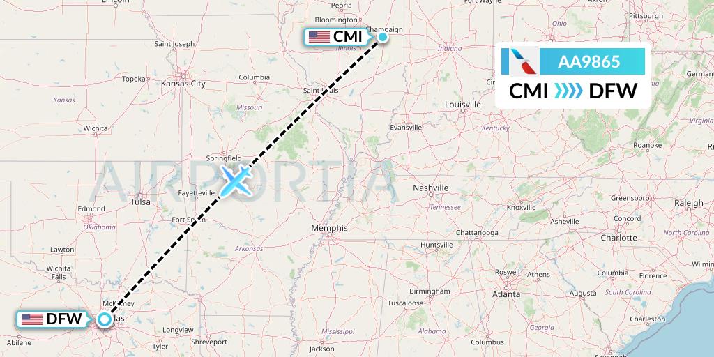 AA9865 American Airlines Flight Map: Champaign to Dallas