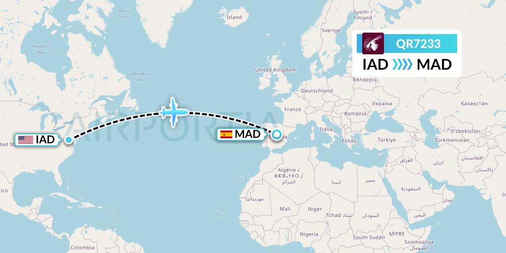 QR7233 Qatar Airways Flight Map: Washington to Madrid
