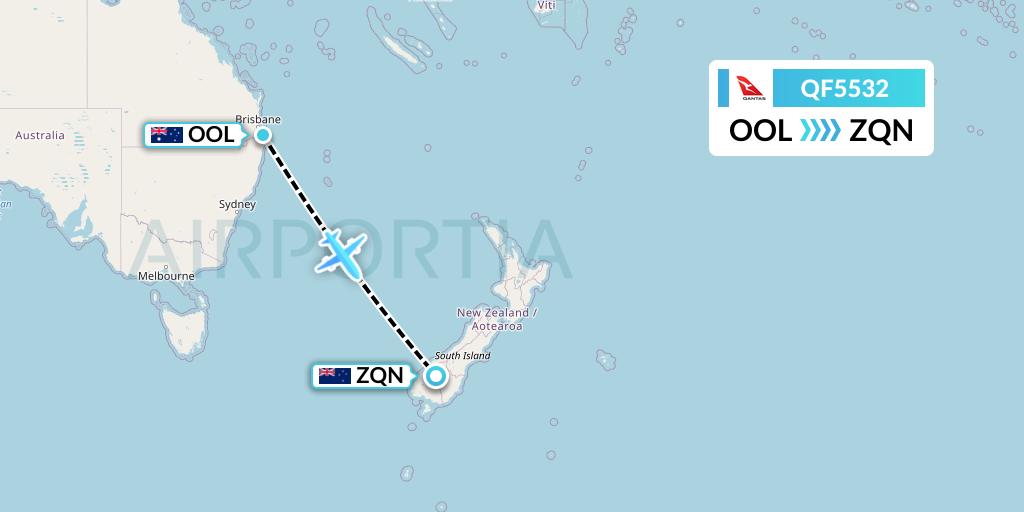 QF5532 Qantas Flight Map: Gold Coast to Queenstown