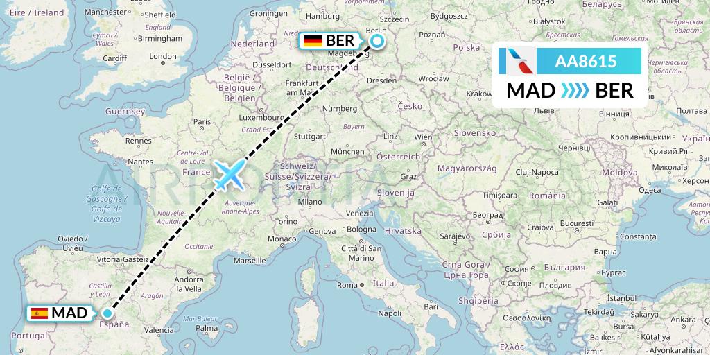 AA8615 American Airlines Flight Map: Madrid to Berlin