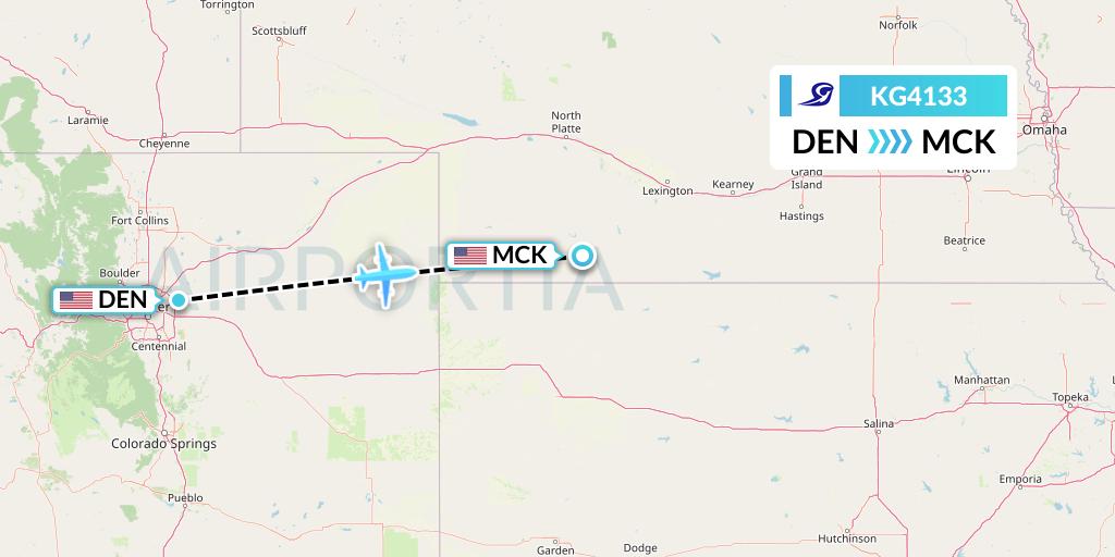 KG4133 Key Lime Air Flight Map: Denver to McCook