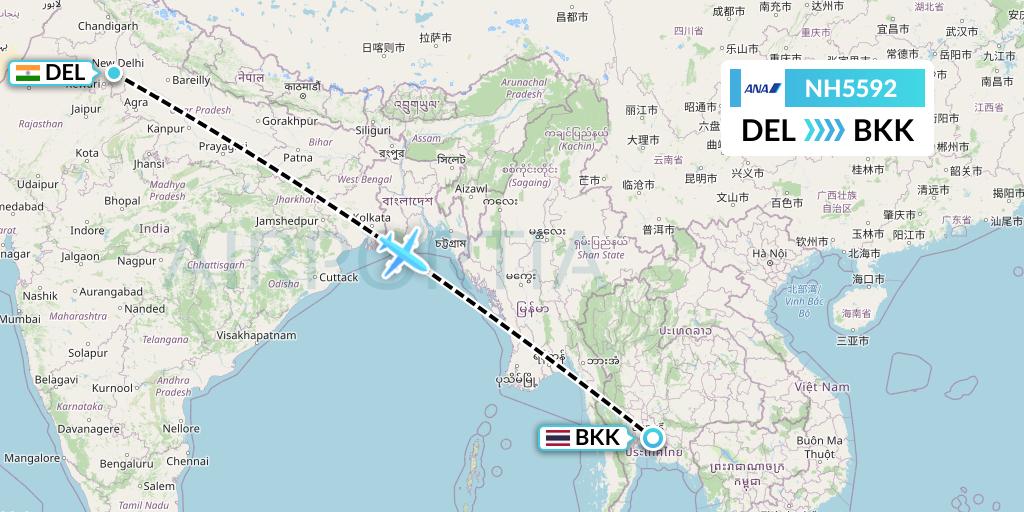 NH5592 All Nippon Airways Flight Map: Delhi to Bangkok